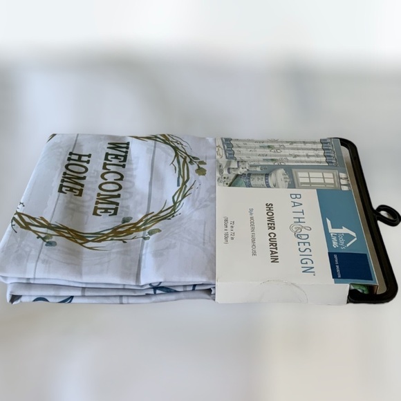 Modern Farmhouse Fabric Shower Curtain White Blue Multicolor 72 in X 72 in - Picture 8 of 16